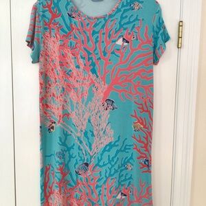 Tori Richard t shirt dress in turquoise and coral with a ‘sea pattern’. EUC.